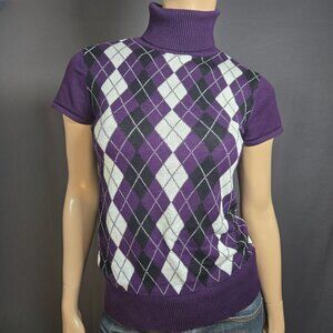 Y2K Purple Argyle Sweater Size L Cap Sleeve Fitted Office Siren Academia Preppy